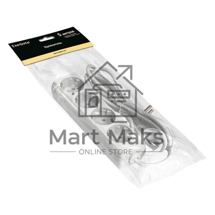 Удлинитель ExeGate ECE-4-5W (EX285818RUS), белый, 5 м, евровилка с заземлением, 4 евророзетки с заземлением, 2200 Вт