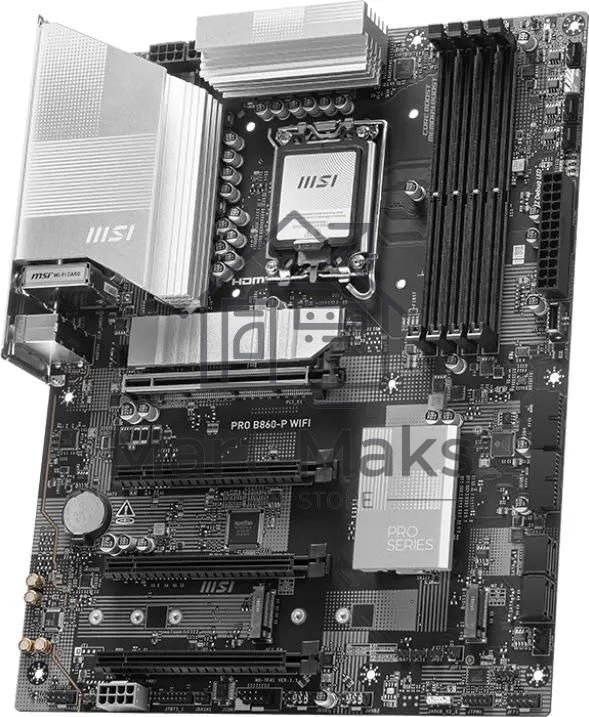 Материнская плата MSI PRO B860-P WIFI, LGA 1851, Intel B860, 4xDDR5, 4xSATA, 3xM.2, 1xPCIe 5.0 x16, 1xPCIe 4.0 x4, 2xPCIe 4.0 x1, 1xHDMI, 1xDP, 1xUSB-C, 1x 5Gb LAN, 2xUSB-A 3.2 Gen 2, 2xUSB-A 3.2 Gen 1, 4xUSB-A 2.0, 3x3.5 мм, 7.1, Wi-Fi 7, ATX