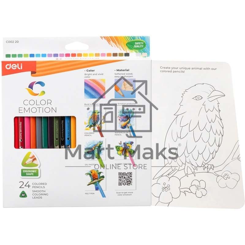 Карандаши цветные Deli EC00220 Color Emotion, трехгранный профиль, липа, 24 цвета, коробка с европодвесом (24шт)