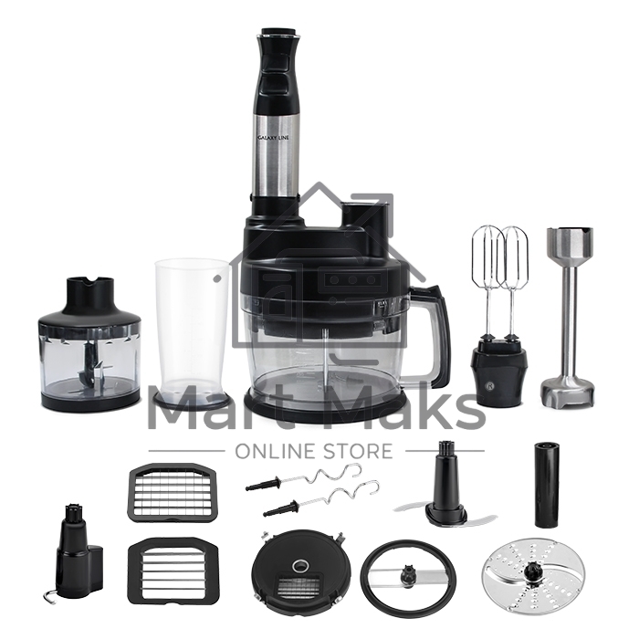 Многофункциональный погружной блендер GALAXY LINE GL 2168, черный, 2000 Вт, DC- мотор, защита от перегрева, насадка-блендер из нержавеющей стали AISI304 с четырехлопастным ножом, редуктор миксера (насадка-венчики, насадка для замешивания теста из AISI304)