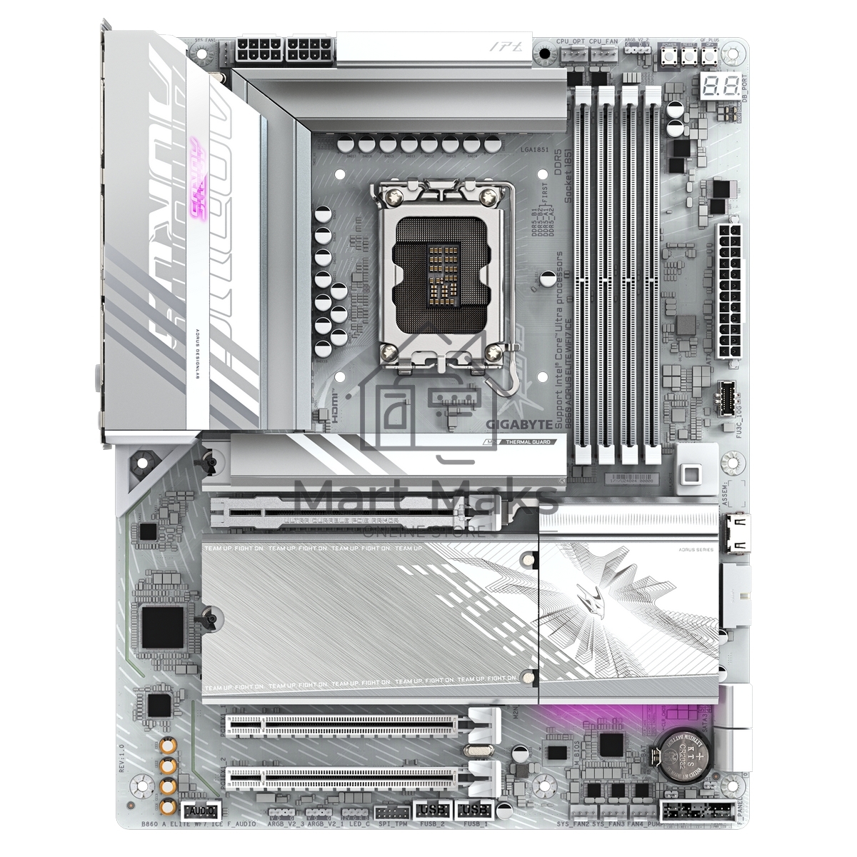 Материнская плата Gigabyte B860 AORUS ELITE WIFI7 ICE, LGA 1851, Intel B860, 4xDDR5, 4xSATA, 3xM.2, 1xPCIe 5.0 x16, 2xPCIe 4.0 x1, 1xHDMI, 2xDP, 1x 2.5Gb LAN, 6xUSB-A 3.2, 1xUSB-C 3.2, 4xUSB-A 2.0, 2x3.5 мм, 7.1, ATX