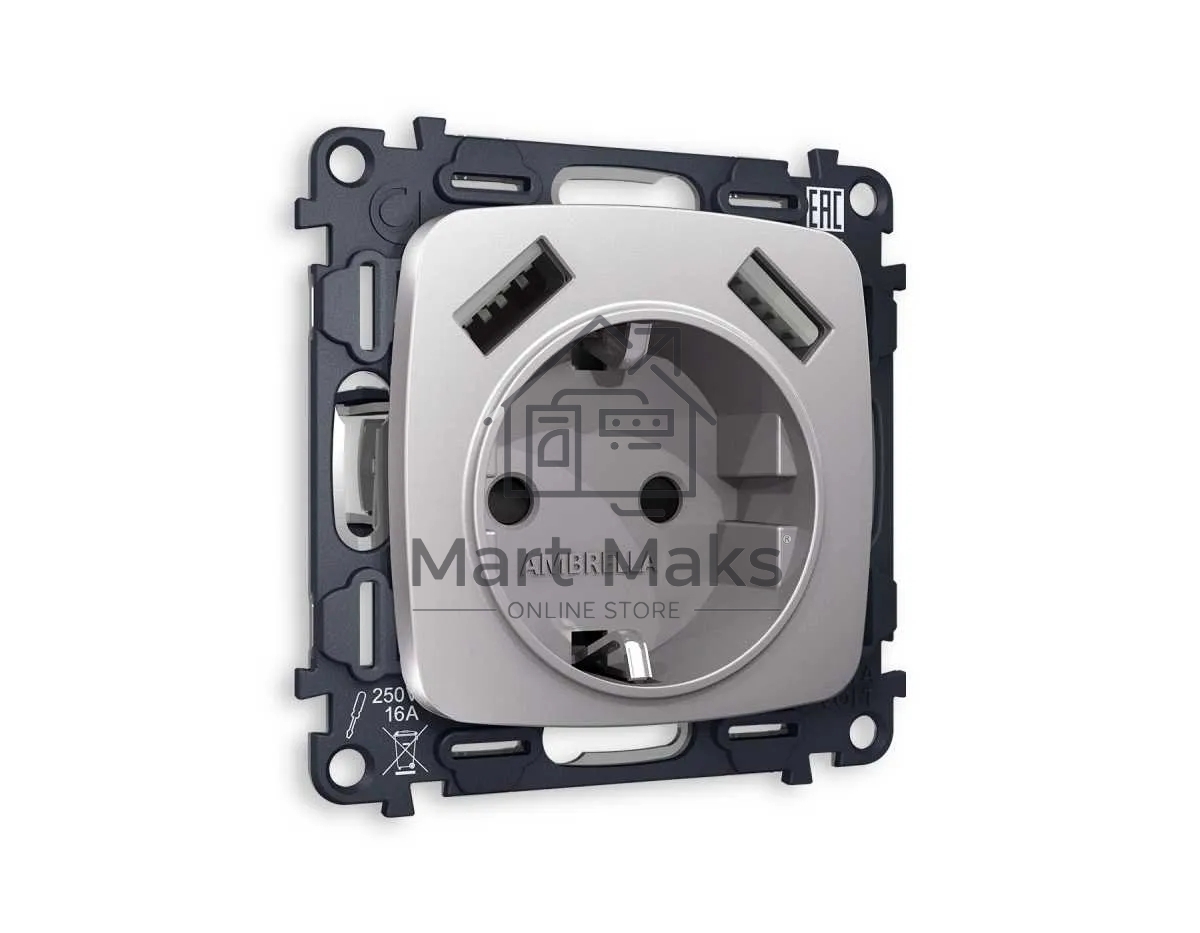 Комплект механизма электрической розетки OMEGA Сталь матовый 2USB A+A 18W (быстрая зарядка) с/з QUANT (OP5090, VM155) MO509010