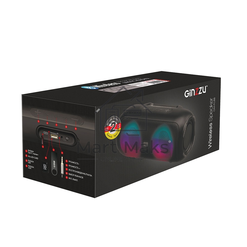 Колонка BlueTooth Ginzzu GM-918B, 3,6Ah/TWS/USB/TF/AUX/RGB