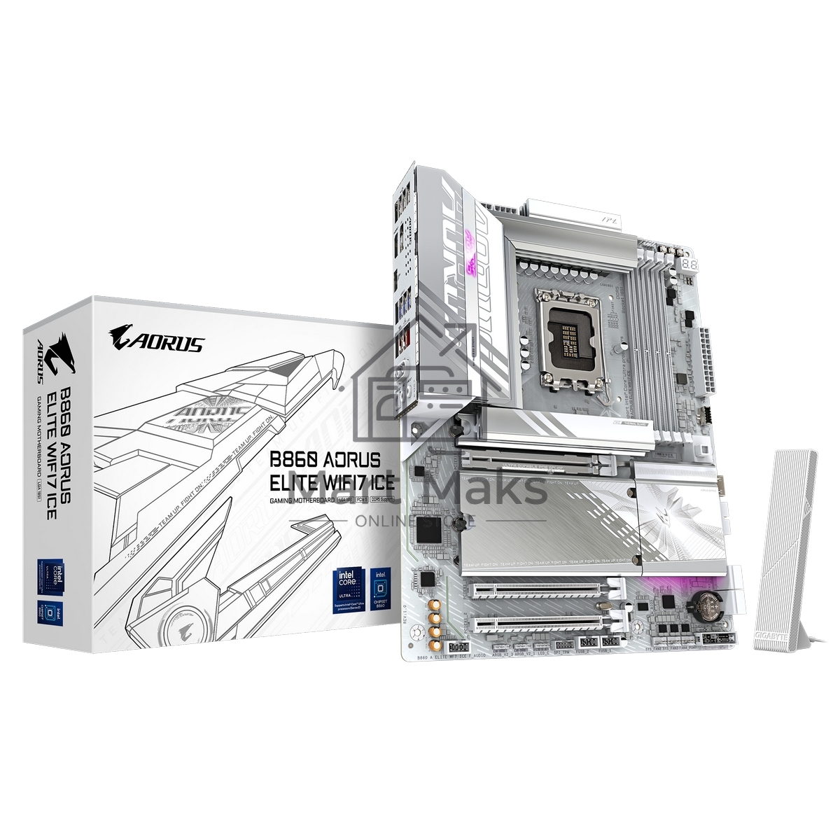 Материнская плата Gigabyte B860 AORUS ELITE WIFI7 ICE, LGA 1851, Intel B860, 4xDDR5, 4xSATA, 3xM.2, 1xPCIe 5.0 x16, 2xPCIe 4.0 x1, 1xHDMI, 2xDP, 1x 2.5Gb LAN, 6xUSB-A 3.2, 1xUSB-C 3.2, 4xUSB-A 2.0, 2x3.5 мм, 7.1, ATX