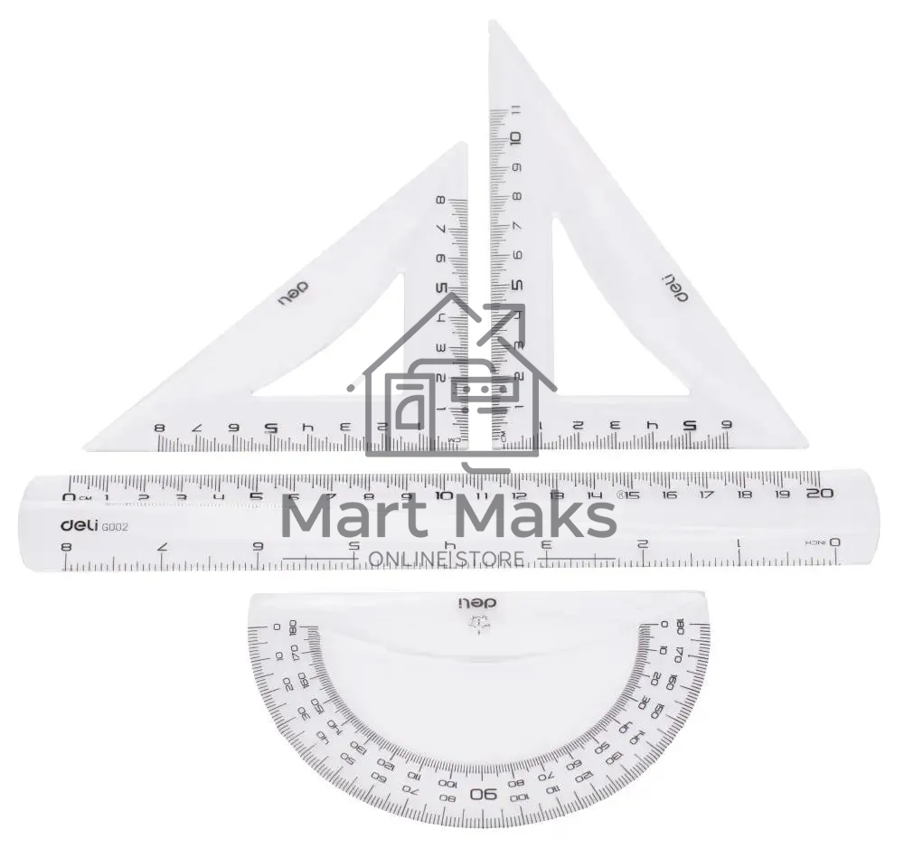 Набор линеек Deli Pioneer EG00412, пластик, прозрачный, в комплекте: линейка 20см / треугольник 2шт / транспортир, европодвес