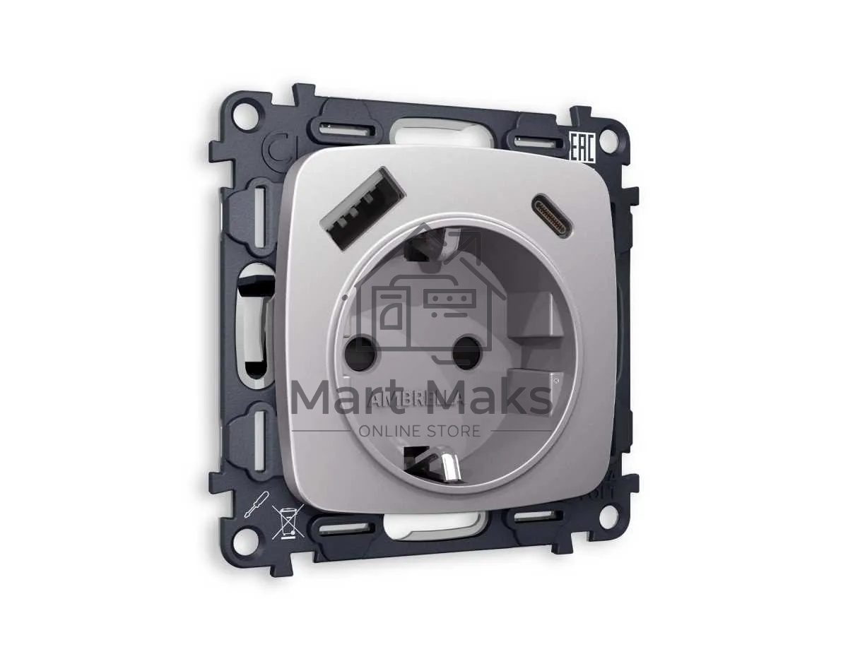 Комплект механизма электрической розетки OMEGA Сталь матовый 2USB A+C 20W (быстрая зарядка) с/з QUANT (OP5100, VM160) MO510010