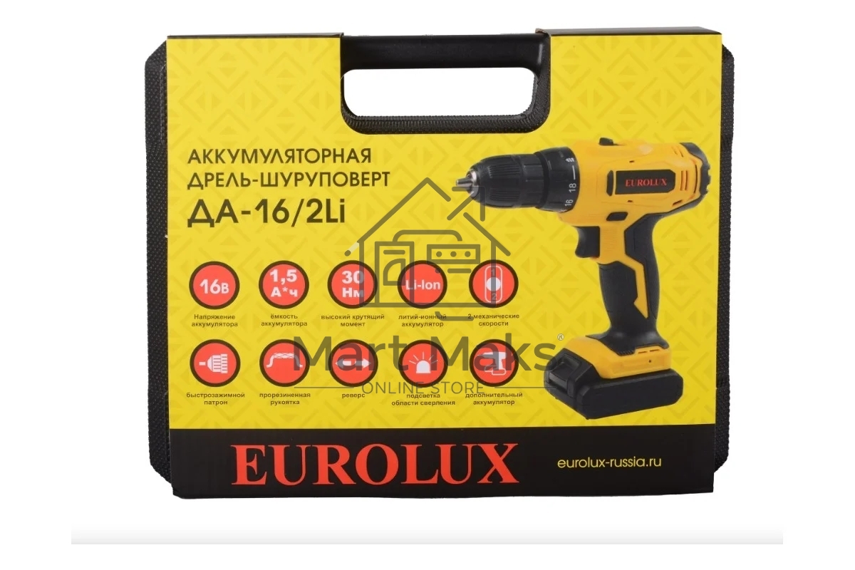 Дрель-шуруповерт Eurolux ДА-16/2Li, Аккумуляторная, 16В