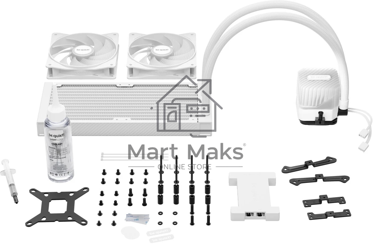 Водяное охлаждение для процессора be quiet! LIGHT LOOP 240мм белый (250W, 240мм, White, ARGB/ Fans: 2x120мм, 61.8CFM, 34.9dBA, 2100RPM/ Pump 2900RPM, Rad thickness 27мм/ S: 1851, 1700, 1200, 115X, AM5, AM4)