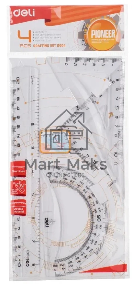 Набор линеек Deli Pioneer EG00412, пластик, прозрачный, в комплекте: линейка 20см / треугольник 2шт / транспортир, европодвес