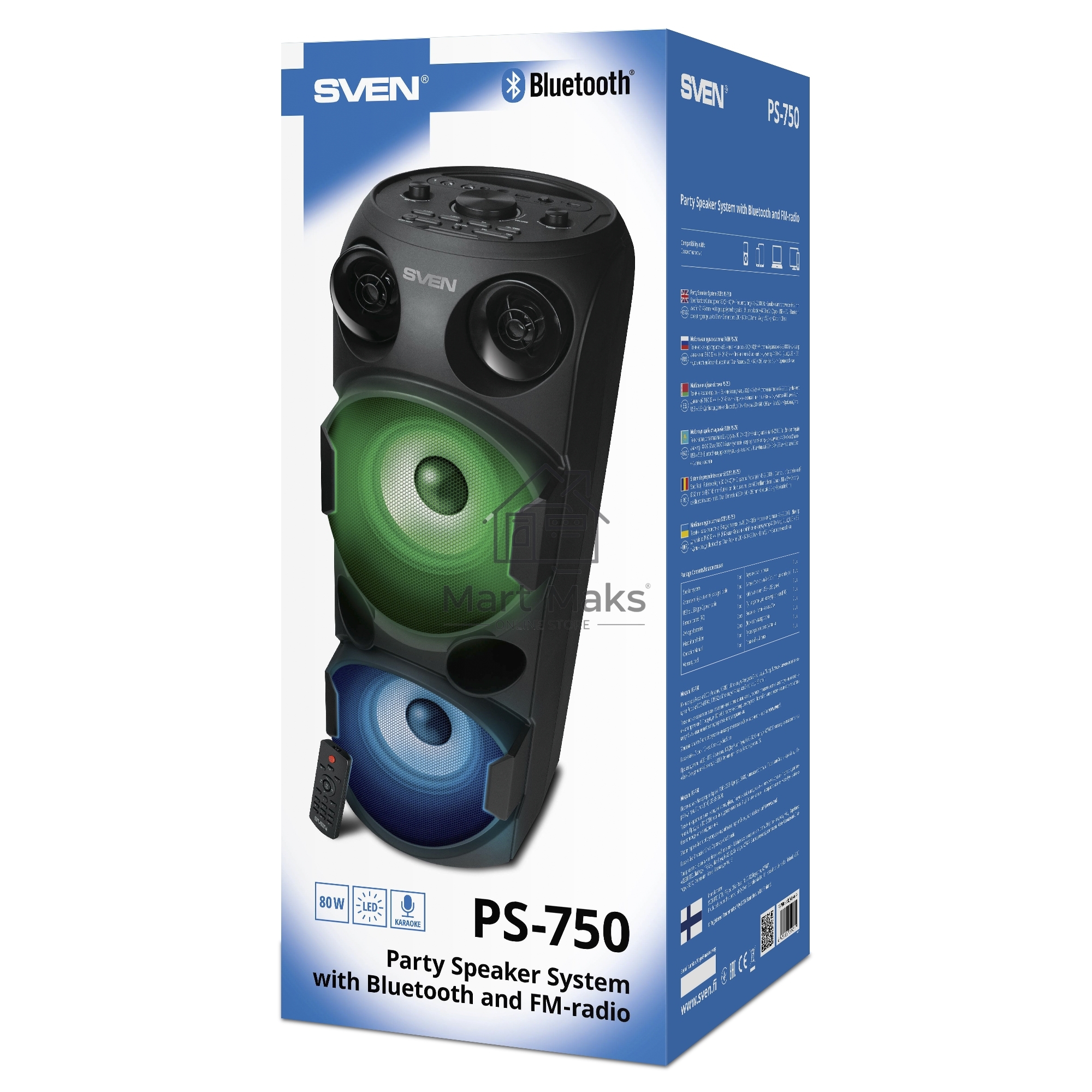 Колонка АС Sven PS-750, черный (80 Вт, TWS, Bluetooth, FM, USB, microSD, LED-дисплей, 2х4400мА*ч)