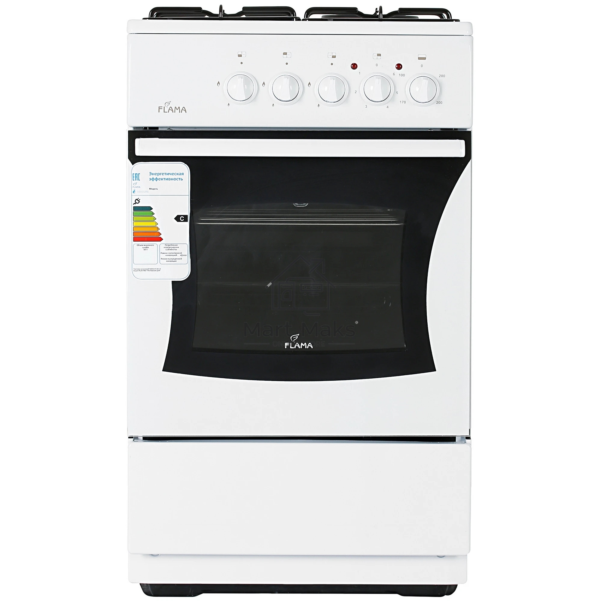 Плита комбинированная Flama RK 23-105 W белый, конфорок 4 шт, духовка 50 л, 50 см x 85 см x 60 см