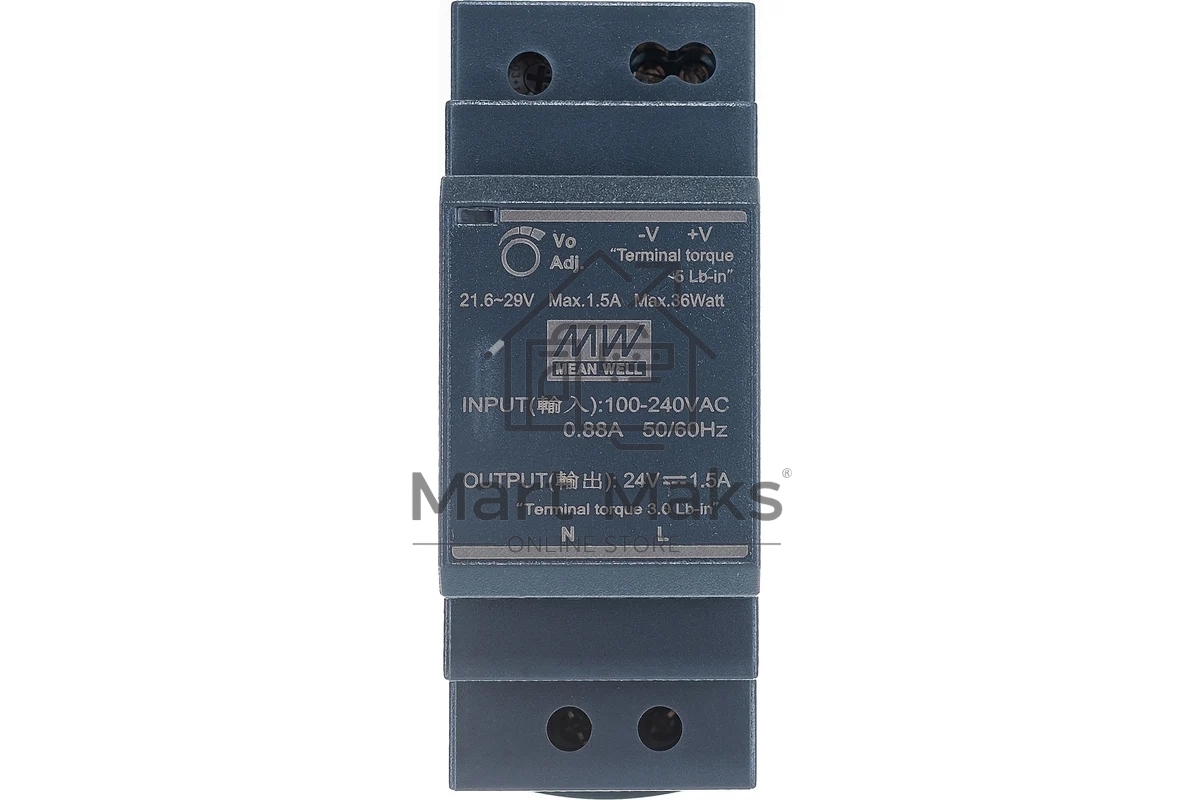 Блок питания AC-DC, 36Вт, вход 85-264 В AC 47-63Гц,120-370В DC, выход 24В,1.5А, в кожухе на DIN-рейку