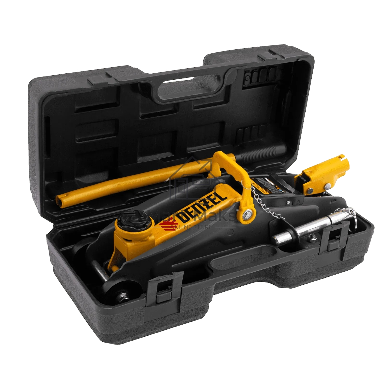 Домкрат гидравлический подкатной с фиксатором Denzel 2 т, 130-330 мм, в кейсе 51154