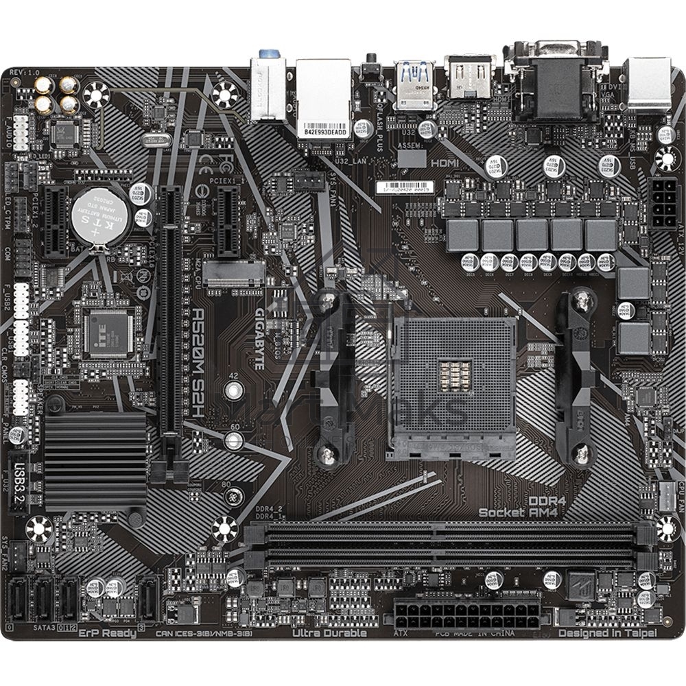 Материнская плата Gigabyte A520M S2H, AM4, AMD A520, 2xDDR4, 4xSATA, 1xM.2, 1xPCIe 3.0 x16, 2xPCIe x1, 1xHDMI, 1xDVI-D, 1xVGA, 1x 1Gb LAN, 4xUSB-A 3.2 Gen 1, 2xUSB-A 2.0, 3x3.5 мм, 7.1, mATX