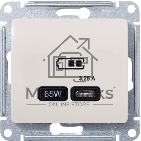 Розетка USB SE тип-C 65W высокоскор.заряд. QC, PD, мех. Glossa бежевый