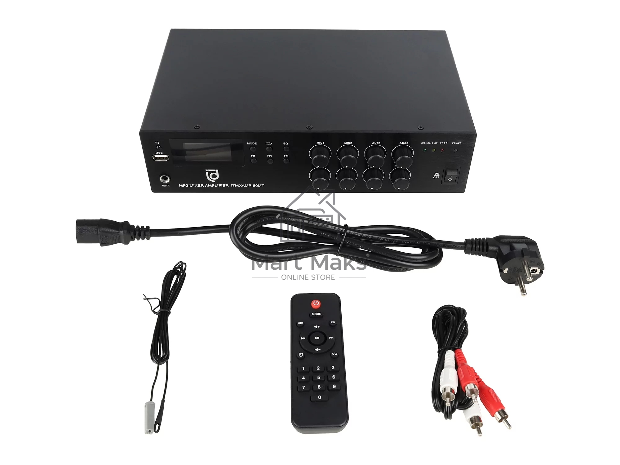 Микшер-усилитель Intrend ITMXAMP-60MT MP3, FM тюнер, USB, Bluetooth, 2хMic/3хLine входы, 1хLine выход,60 Вт, 4/8Ом/100V, IR-пульт в комплекте