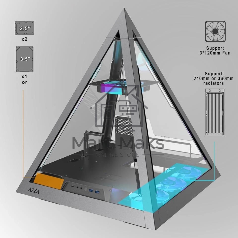 Компьютерный корпус Azza Pyramid L черный/серебристый без БП ATX 6x120mm 2xUSB3.0 audio bott PSU