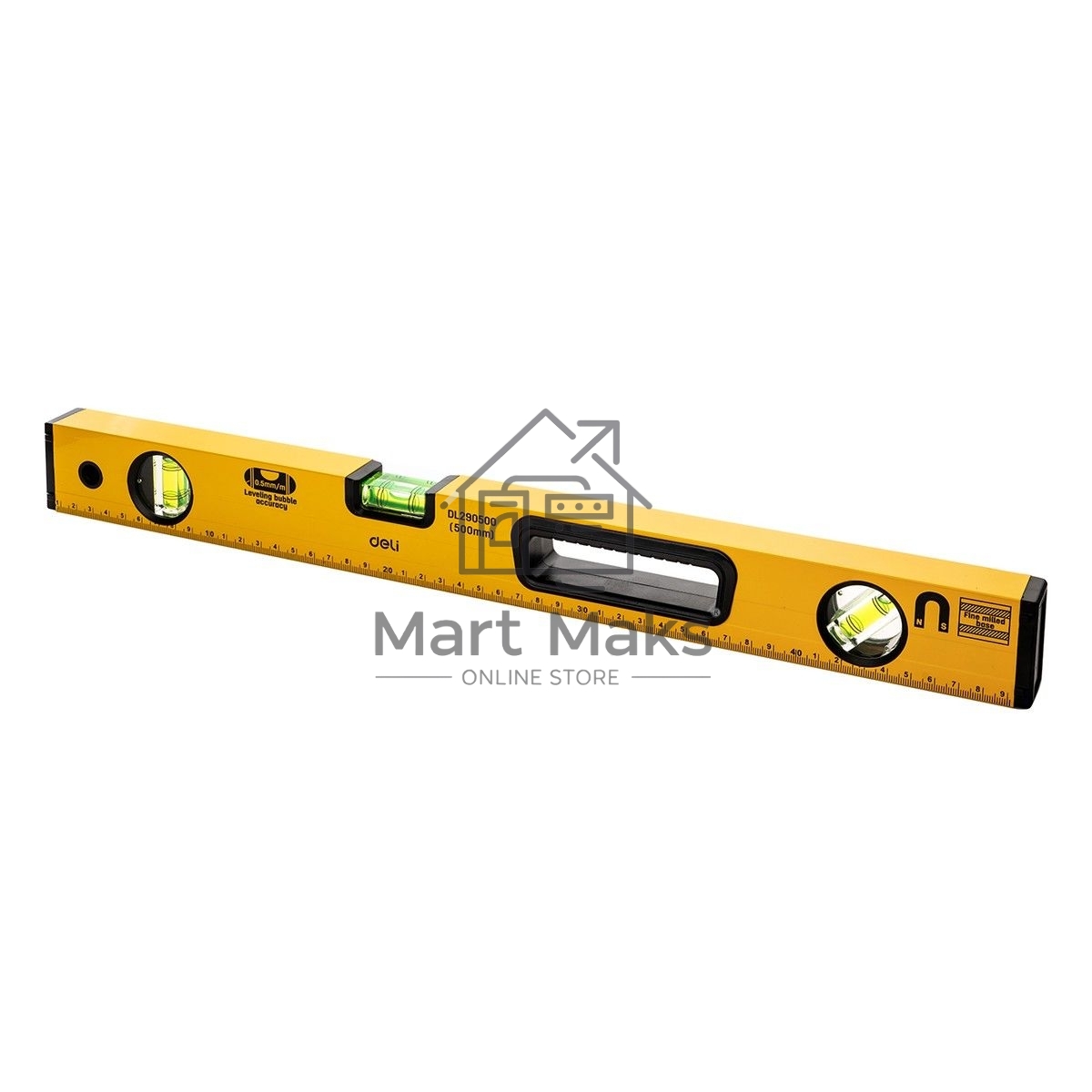 Строительный уровень Deli DL290500 500мм Алюминиевый сплав. Мягкая резина на обоих концах. Магнит для удобства эксплуатации. Измерение под углом 45°.