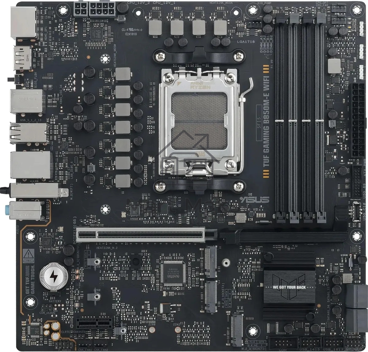 Материнская плата ASUS TUF GAMING B850M-E WIFI, AM5, AMD B850, 4xDDR5, 4xSATA, 3xM.2, 1xPCIe 5.0 x16, 1xPCIe 3.0 x1, 1xHDMI, 2xDP, 1x2.5Gb LAN, Wi-Fi 6E, Bluetooth 5.3, 1xUSB-C 10Gbps, 1xUSB-A 10Gbps, 2xUSB-A 5Gbps, 4xUSB-A 2.0, 3x3.5 мм, 7.1, mATX