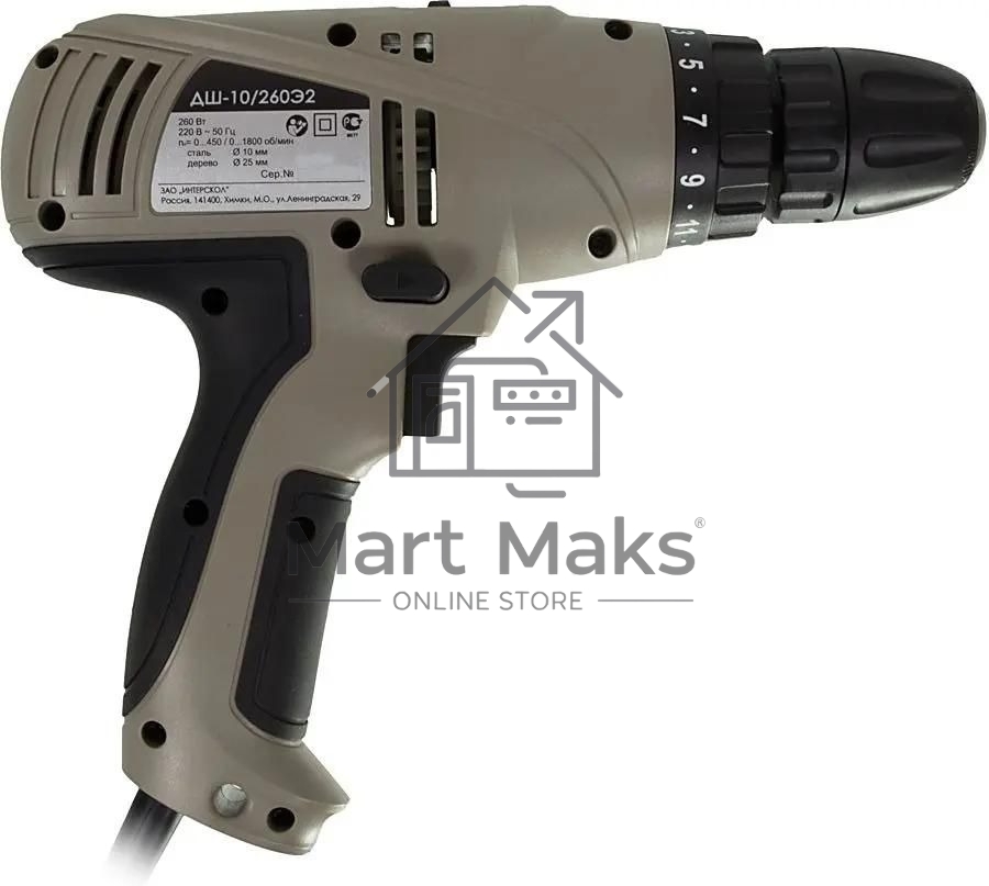 Дрель-шуруповерт сетевой ИНТЕРСКОЛ ДШ-10/260Э2, Сетевая, 260Вт
