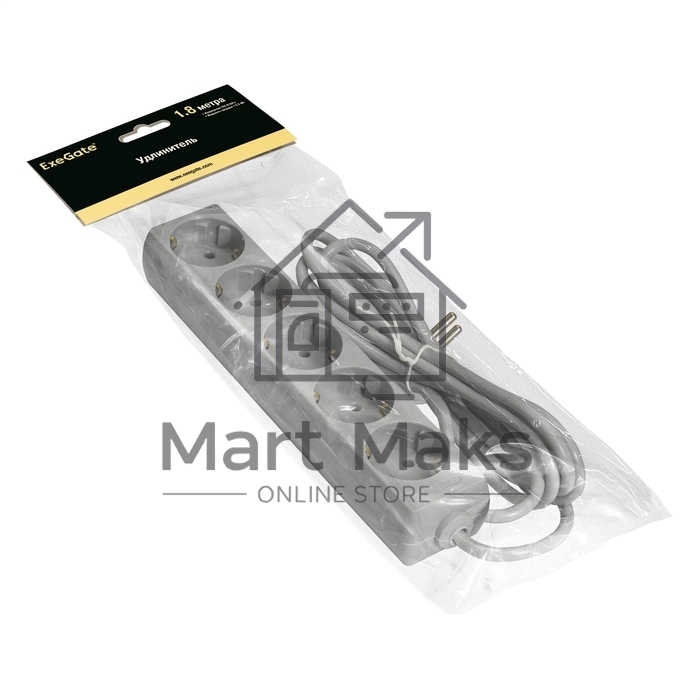 Удлинитель ExeGate ECE-5-1.8G (EX285820RUS), серый, 1,8 м, евровилка с заземлением, 5 евророзеток с заземлением, 2200 Вт