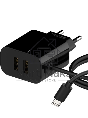 Сетевое зарядное устройство Maxvi CHL-242M 2.4A, with microUSB cable, 2хUSB-A, черный