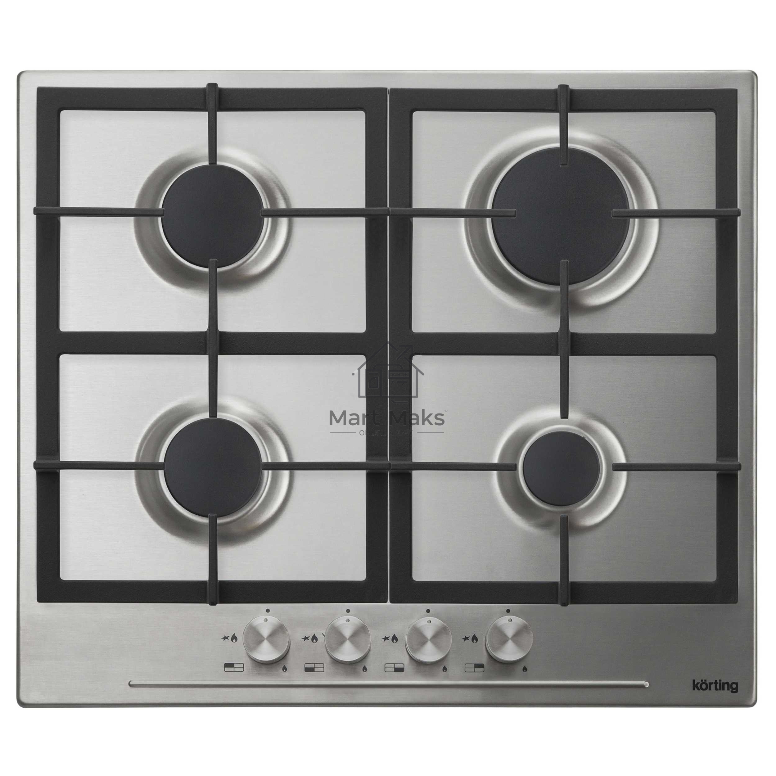 Встраиваемая газовая панель Korting HG 665 CX/60x51 см, электроподжиг, газ-контроль, чугунные решетки, металлические переключатели, нержавеющая сталь
