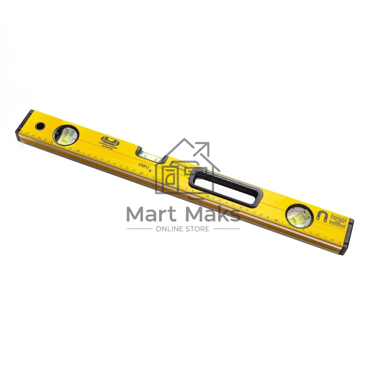 Строительный уровень Deli DL290500 500мм Алюминиевый сплав. Мягкая резина на обоих концах. Магнит для удобства эксплуатации. Измерение под углом 45°.