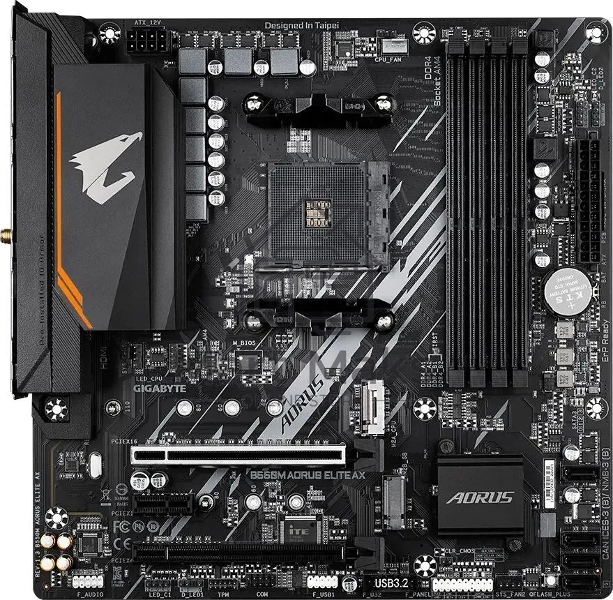 Материнская плата GIGABYTE B550M AORUS ELITE AX, AM4, AMD B550, 4xDDR4, 4xSATA, 2xM.2, 1xPCIe 4.0 x16, DVI-D, HDMI, 1x1Gb LAN, 3x3.5 мм, 7.1, microATX