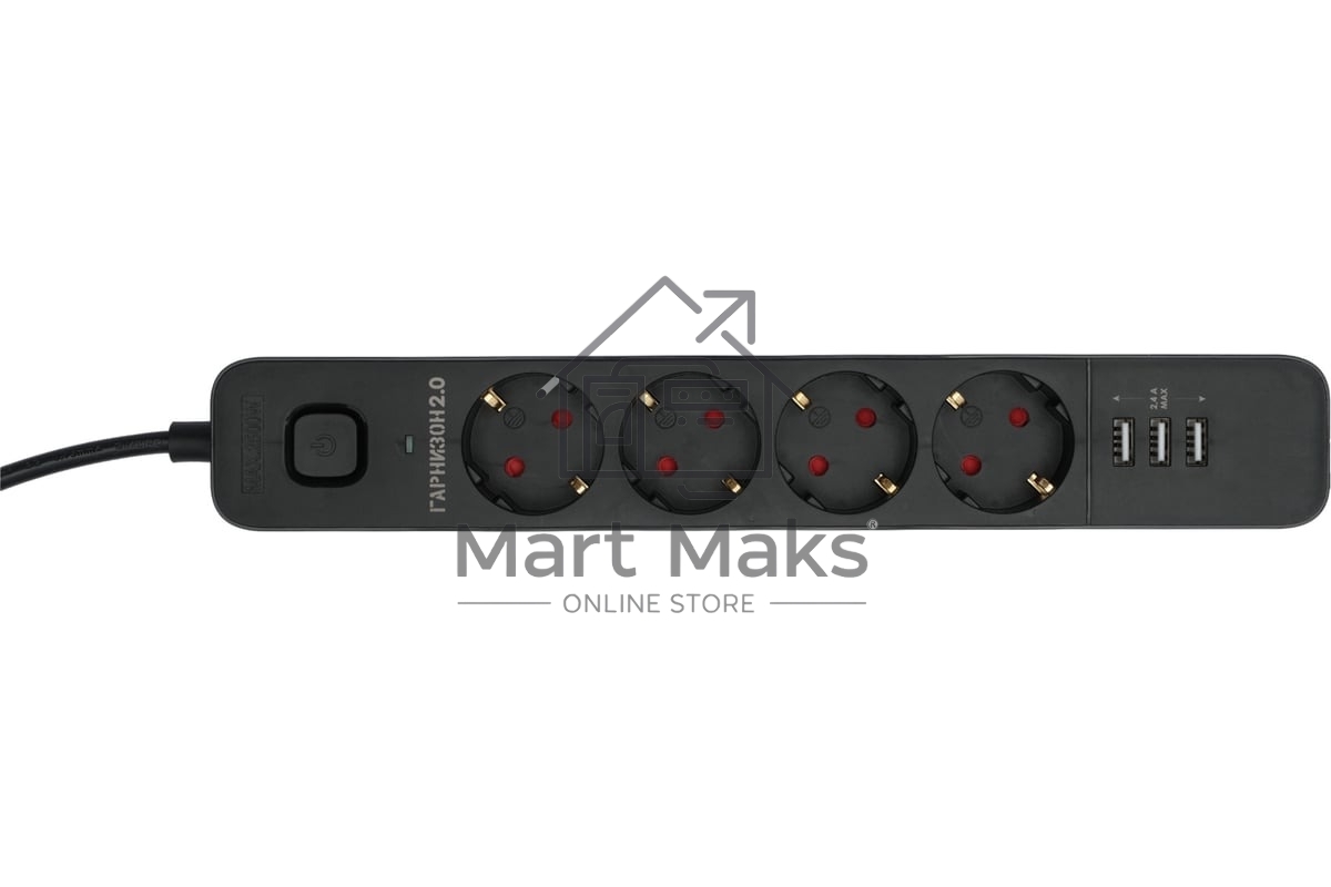 Сетевой фильтр Гарнизон 2.0 Мультипорт EPS-4-U3-B-2, 4 р, 10А, 3xUSB, 2м, ур.защиты 2+, черный, пакет