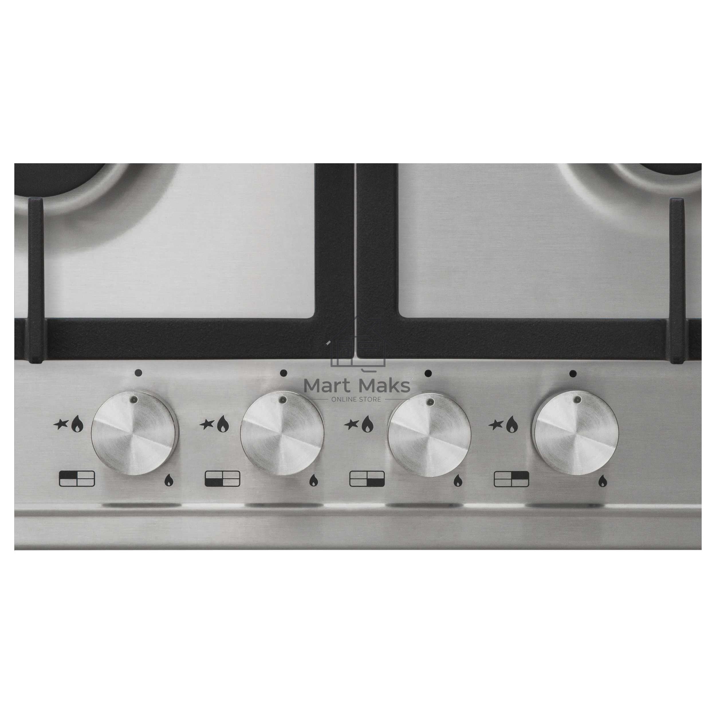 Встраиваемая газовая панель Korting HG 665 CX/60x51 см, электроподжиг, газ-контроль, чугунные решетки, металлические переключатели, нержавеющая сталь