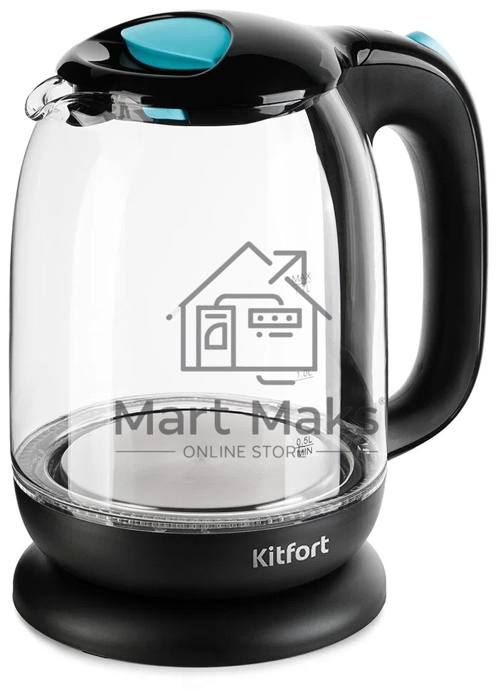 Чайник электрический Kitfort КТ-625-1 1.7л. 2200Вт черный/голубой (корпус: стекло)