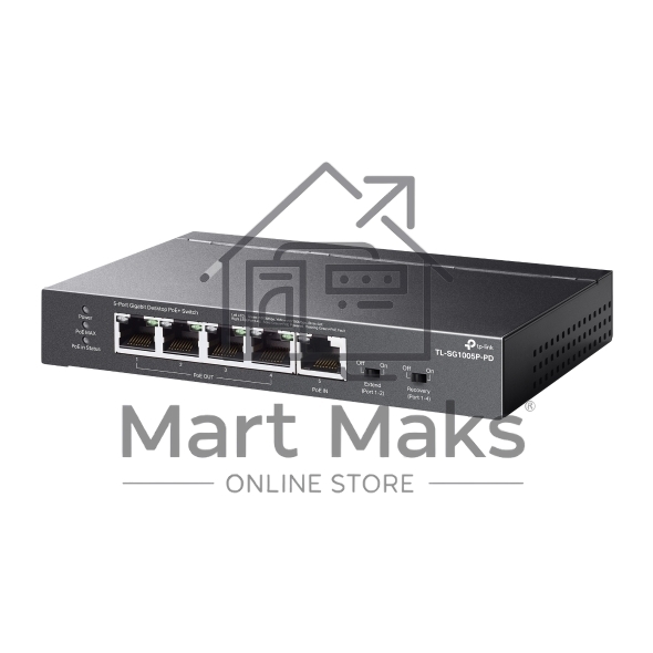 Коммутатор настольный TP-Link TL-SG1005P-PD с 5 гиг. портами (1 порт с входящим PoE++, 4 порта с исходящим PoE+), бюджет PoE: 9, 21, 47 или 66 Вт (зависит от используемого стандарта входящего PoE)