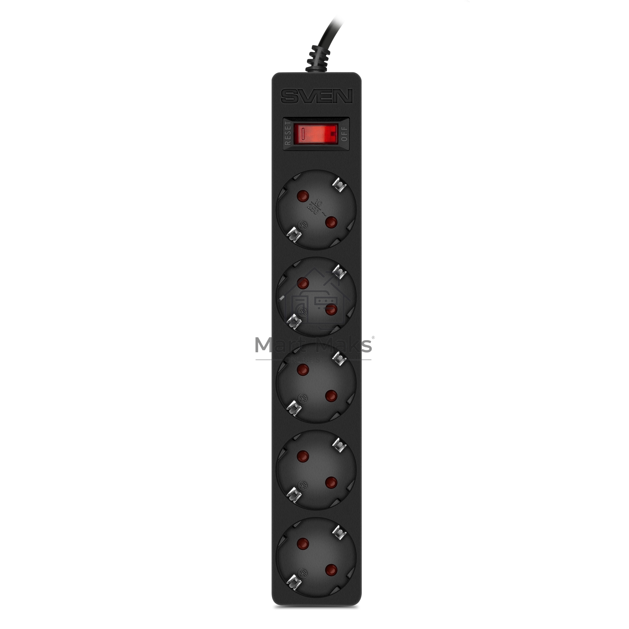 Фильтр SVEN SF-05E 5,0 м (5 розеток с защитными шторками) черный, цветная коробка