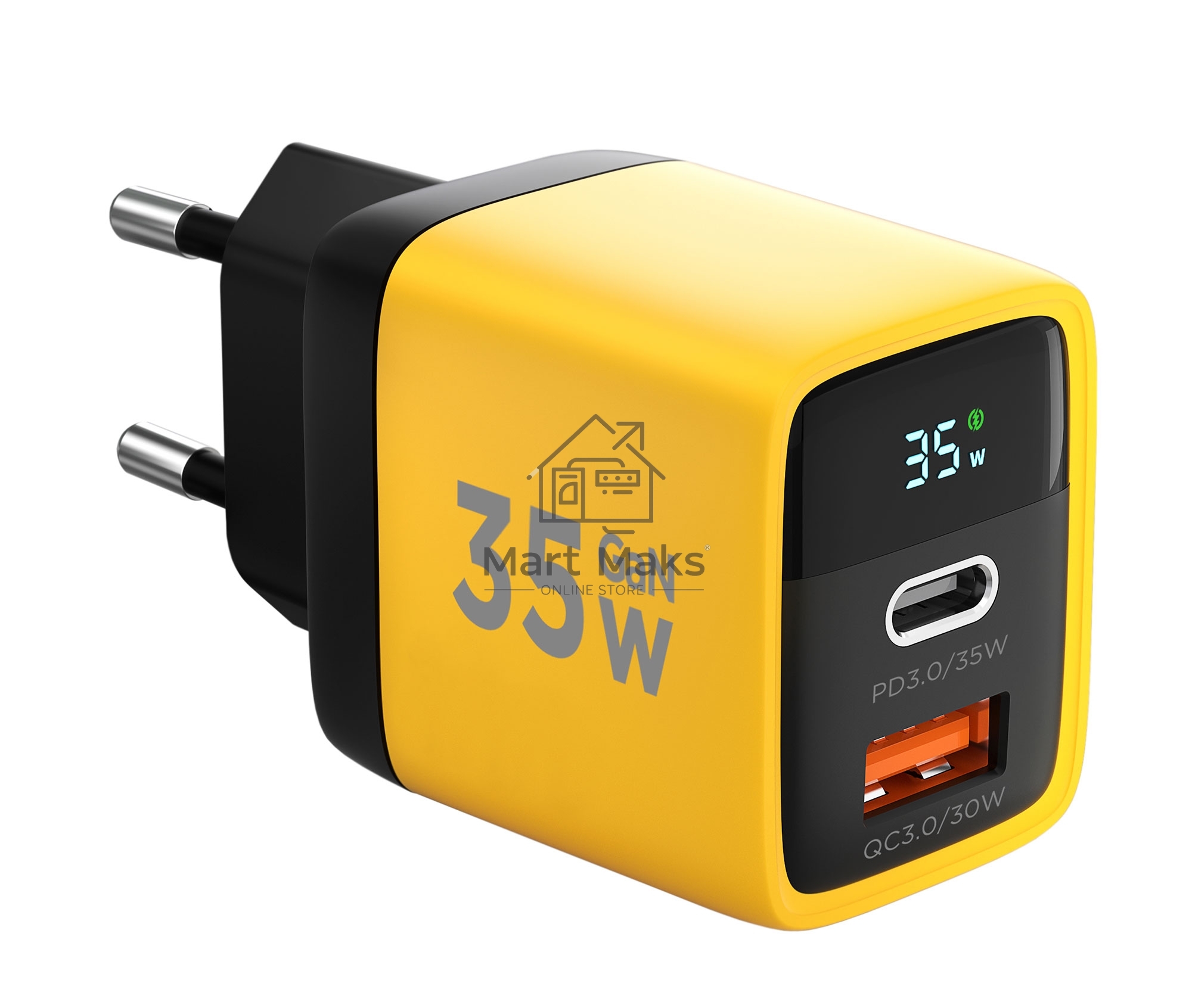 Зарядное устройство с дисплеем Cablexpert MP3A-PC-53, 35Вт GaN, QC3.0/PD3.0, 1хUSB, 1хType-C, желтый, коробка