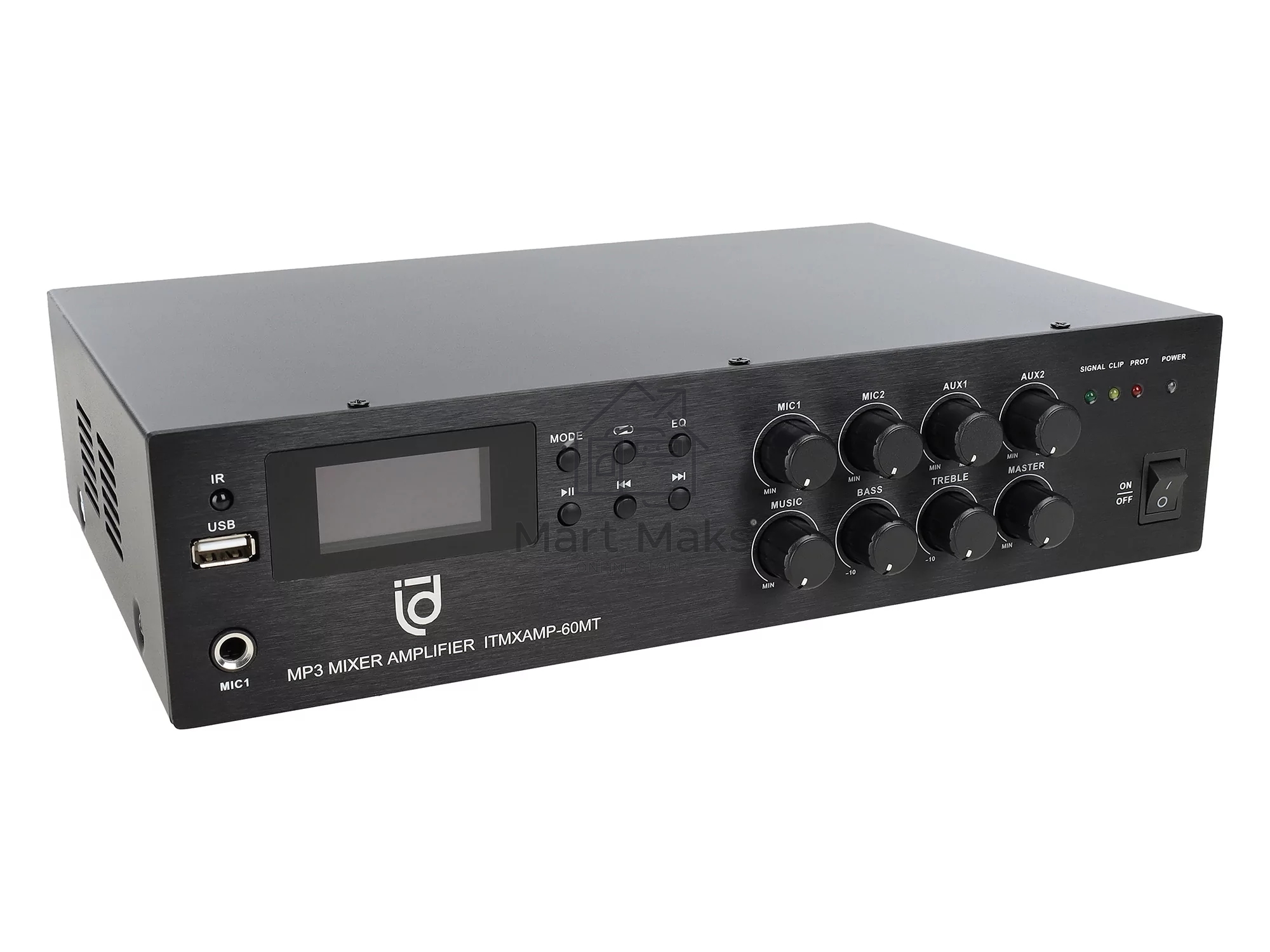 Микшер-усилитель Intrend ITMXAMP-60MT MP3, FM тюнер, USB, Bluetooth, 2хMic/3хLine входы, 1хLine выход,60 Вт, 4/8Ом/100V, IR-пульт в комплекте