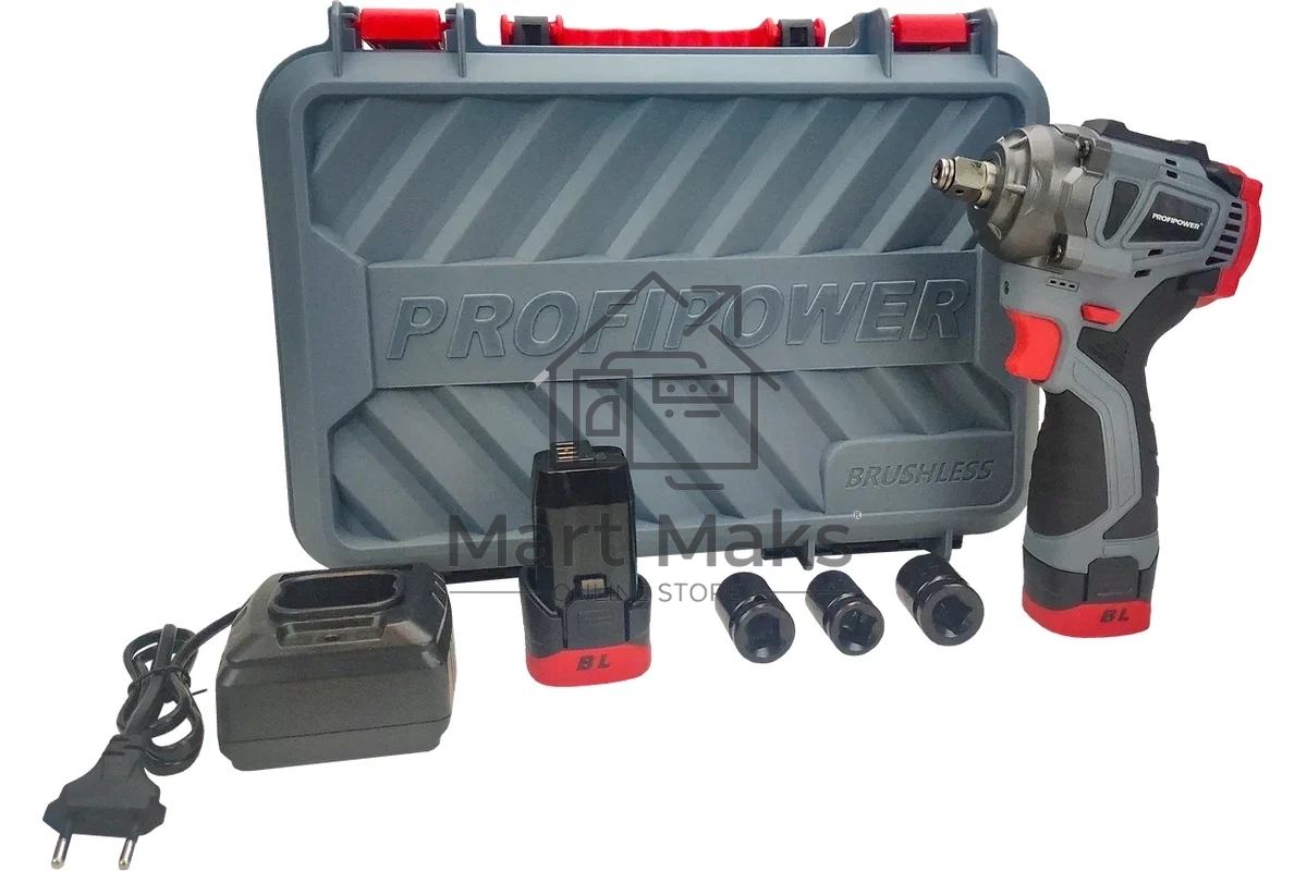 Аккумуляторный бесщеточный ударный гайковерт ProfiPower BL-163 (16В, 260Нм, Li-ion 2шт, 2.0А·ч, ударные головки 17,19,21, З/У,в кейсе)