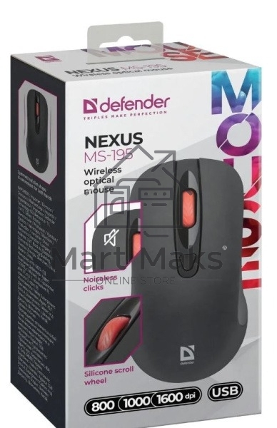 Мышь беспроводная Defender Nexus MS-195 черный, 1600 dpi, радиоканал, USB, кнопки - 4