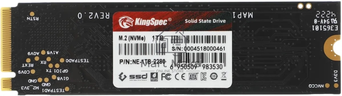 Накопитель SSD KingSpec NE-1TB, 1024GB, PCIe 3.0 x4, M.2 2280, NVMe, R/W 2400/1900