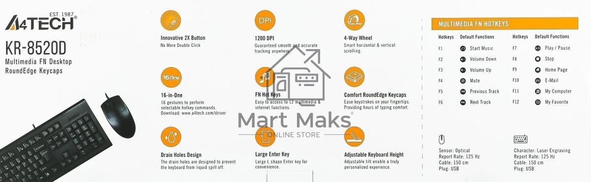Комплект клавиатура+мышь A4Tech KR-8520D проводной, USB, 1200 DPI, чёрный