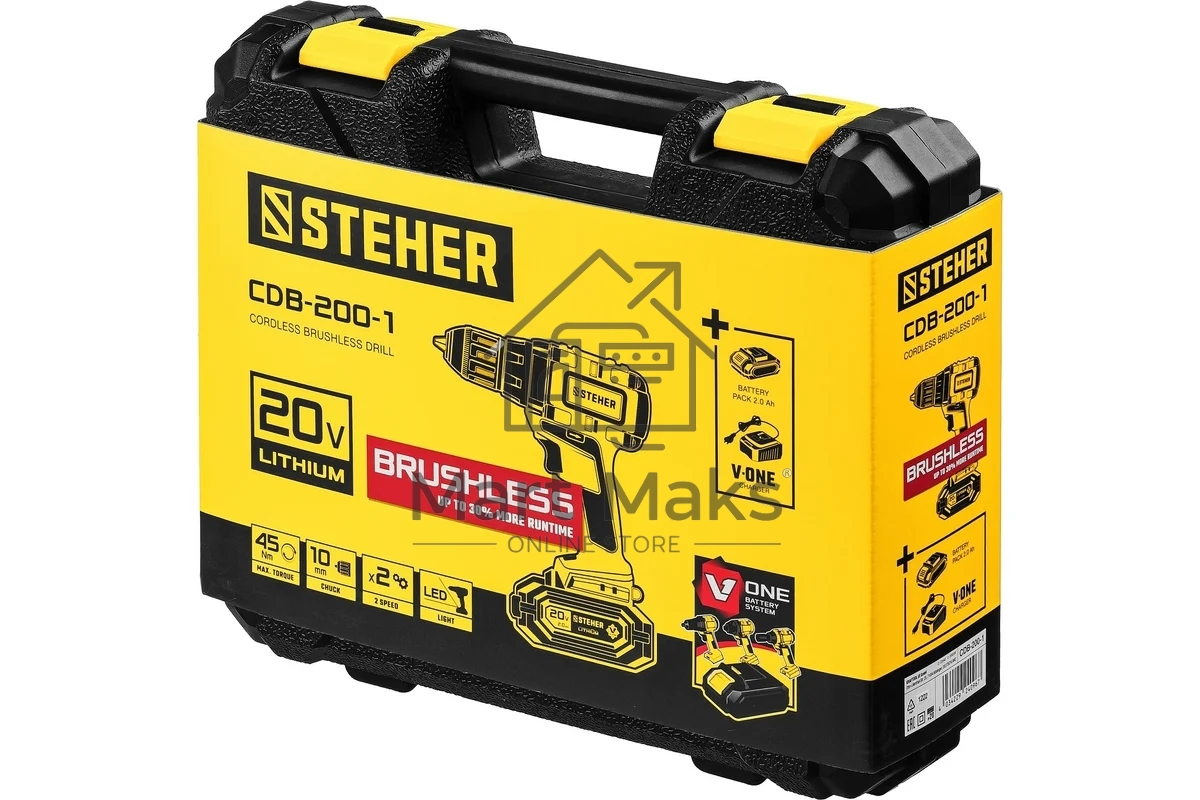 Дрель-шуруповерт STEHER CDB-200-1, Аккумуляторная, 20В, Кейс