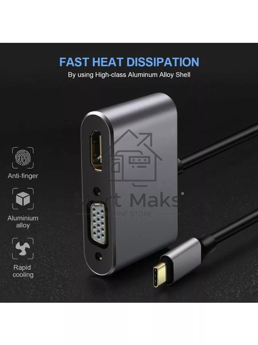 Кабель-концентратор USB3.1 TypeCm -->HDMI+USB3.0+PD+VGA Alum Grey 4K@30Hz, Telecom<TUC055>