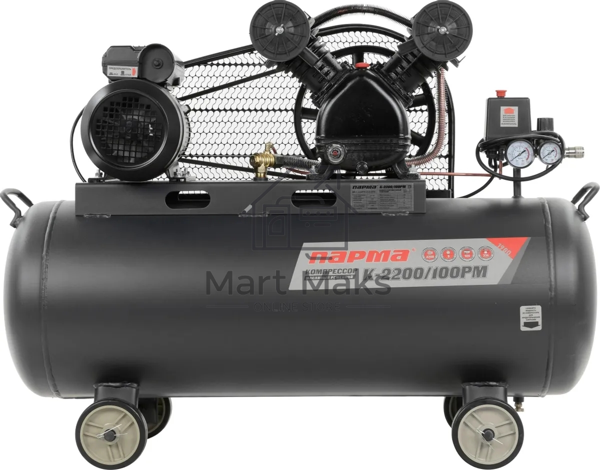 Компрессор поршневой Парма K-2200/100РМ масляный, 336 л/мин, 100 л, 2200 Вт, серый/черный