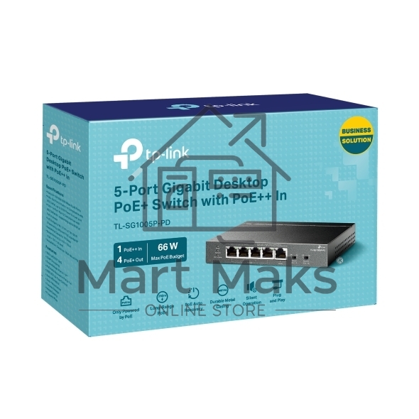 Коммутатор настольный TP-Link TL-SG1005P-PD с 5 гиг. портами (1 порт с входящим PoE++, 4 порта с исходящим PoE+), бюджет PoE: 9, 21, 47 или 66 Вт (зависит от используемого стандарта входящего PoE)