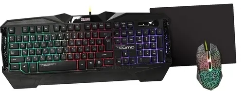 Игровой набор Qumo Solaris, клавиатурапроводная K03, 104 клавиши, встроенная радужная подсветка, мышь проводная M10, оптическая, 800/1200/1600/2200 dpi, коврик