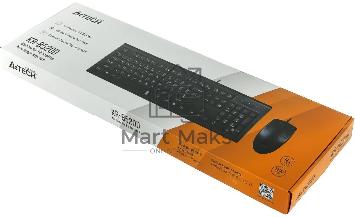 Комплект клавиатура+мышь A4Tech KR-8520D проводной, USB, 1200 DPI, чёрный