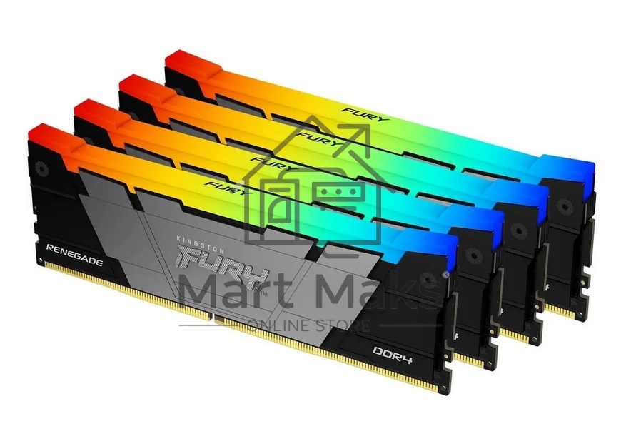 Оперативная память Kingston Fury Renegade, DDR4, 64GB (4x16GB), 3600MHz, CL16, DIMM, с радиатором, RGB, серебристый/черный