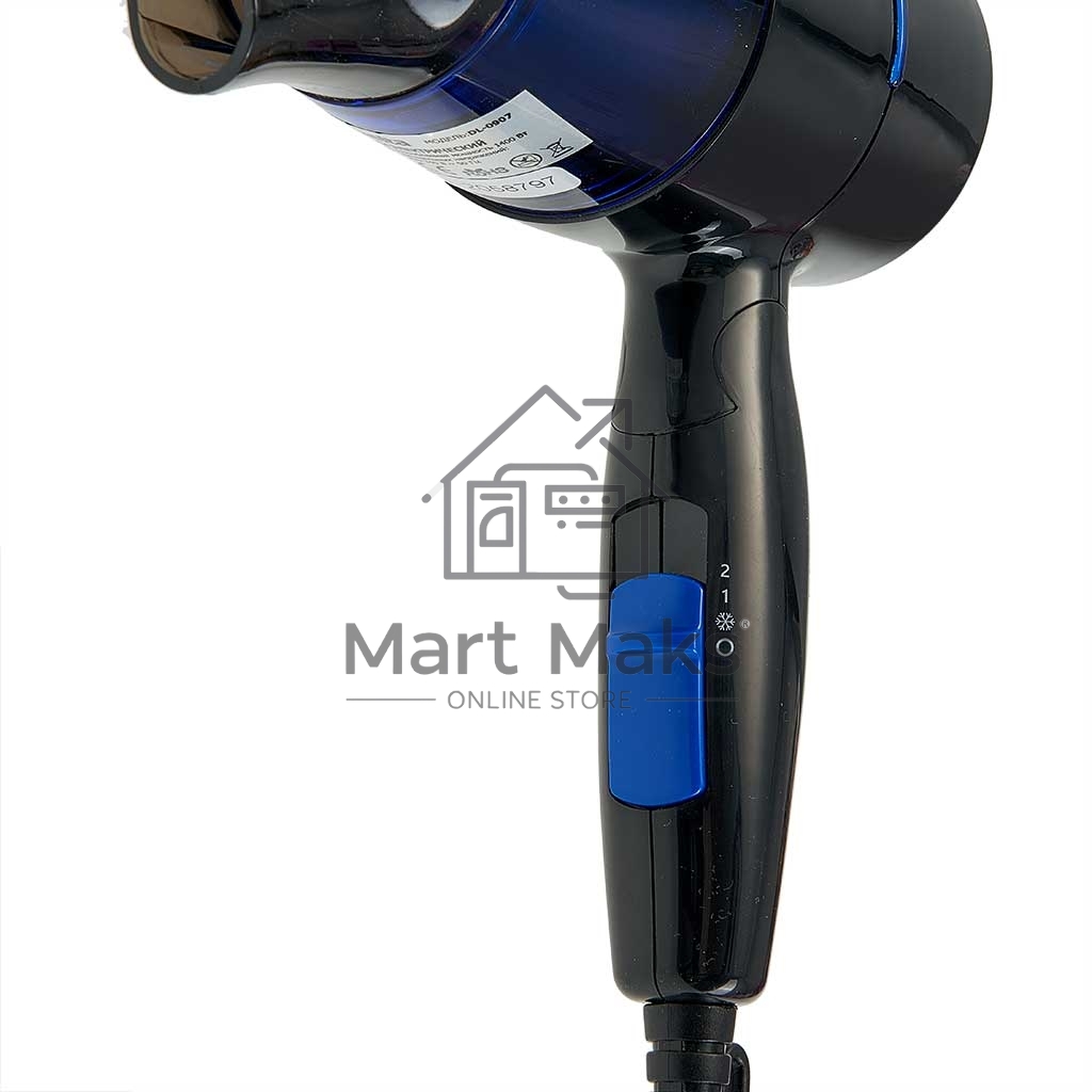 Фен Delta DL-0907 черный/синий, 1400 Вт, компактный