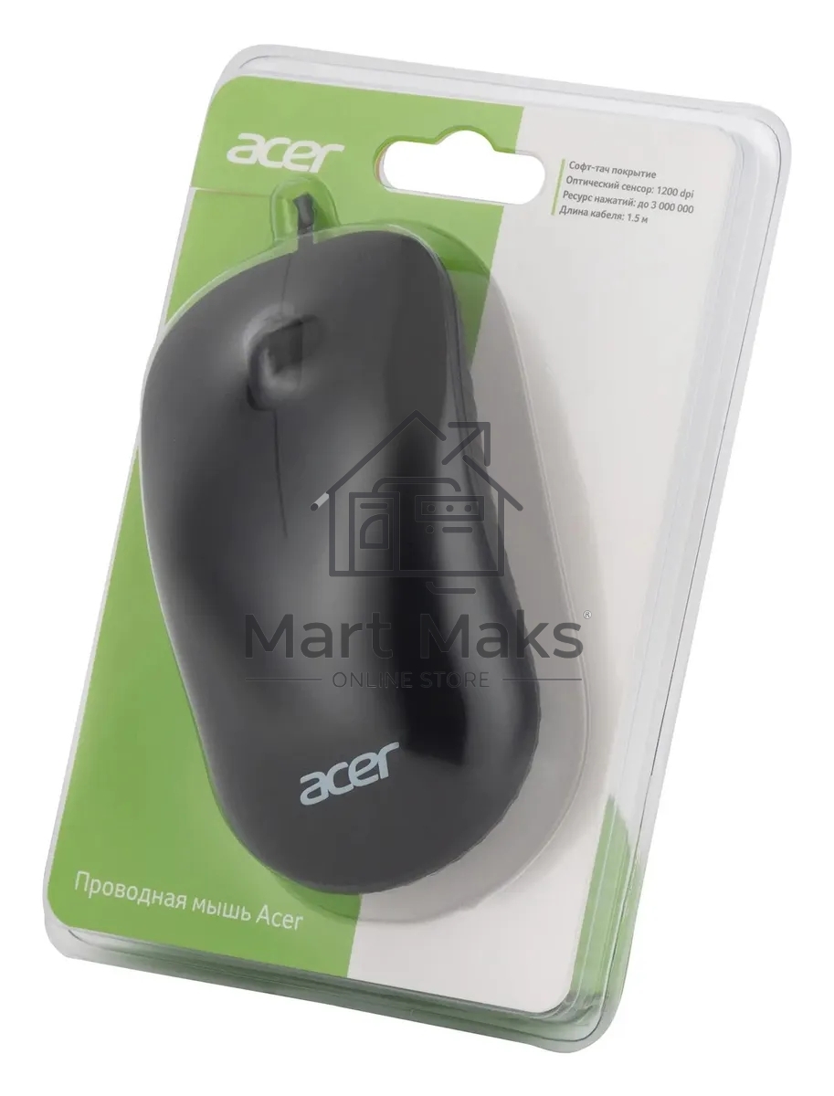 Мышь проводная Acer OMW122 черный, 1200 dpi, USB, кнопки - 3