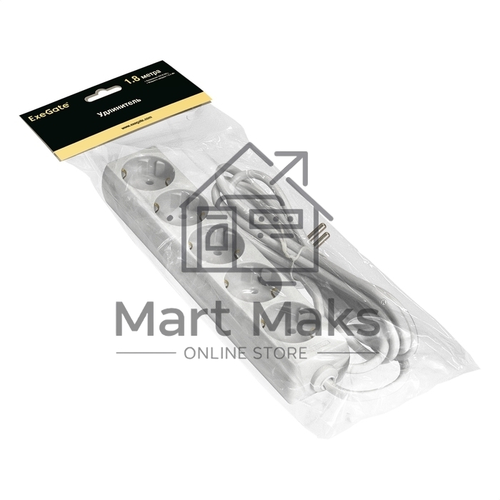 Удлинитель ExeGate ECE-5-1.8W (EX285821RUS), белый, 1,8 м, евровилка с заземлением, 5 евророзеток с заземлением, 2200 Вт